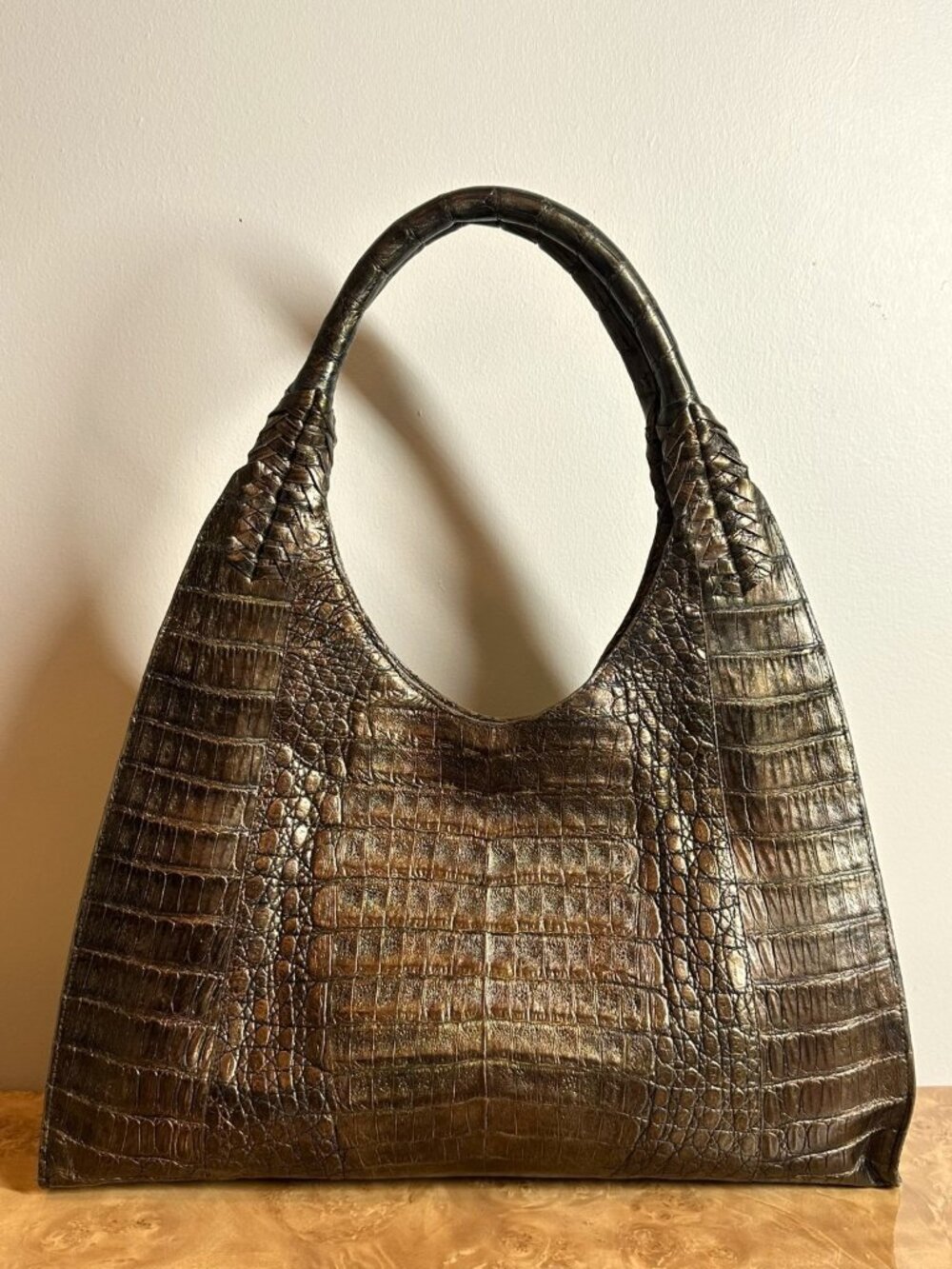 Nancy Gonzalez Bronze Genuine Crocodile Large Hobo Shoulder Bag Authentic